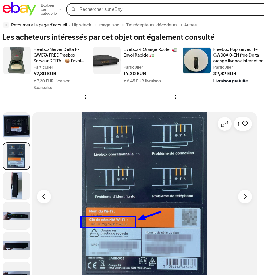 Ebay listing for Livebox Router with password visible