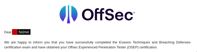 Offsec OSEP Exam Completion email