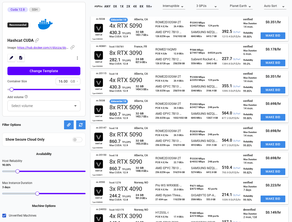 vast.ai marketplace interruptible machine listing
