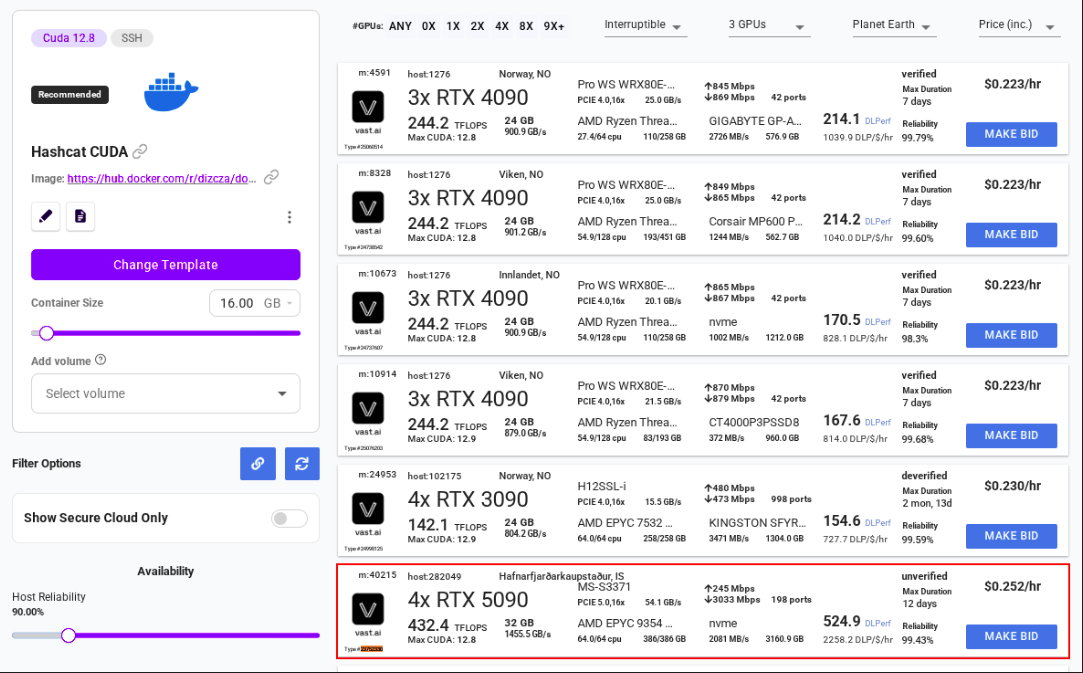 vast.ai marketplace listings with best offering selected